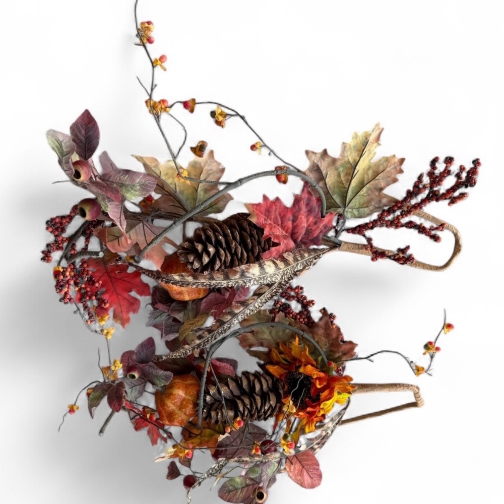 Two Autumn Harvest Pinecone Feather and Leaf Swags